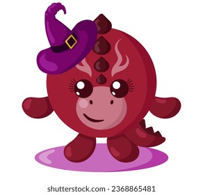 Funny cute kawaii Halloween dragon with witch hat in flat design with shadows. Isolated animal vector illustration