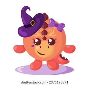 Funny cute kawaii Halloween dragon with witch hat in flat design with shadows. Isolated animal vector illustration