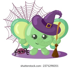 Funny cute kawaii Halloween elephant with witch hat, spider web, broom and spider in flat design with shadows. Isolated animal vector illustration	