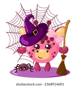 Graciosa jirafa kawaii Halloween con sombrero de bruja, telaraña, escoba y araña de diseño plano con sombras. Ilustración vectorial animal aislada