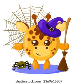 Funny cute kawaii Halloween giraffe with witch hat, spider web, broom and spider in flat design with shadows. Isolated animal vector illustration