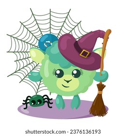 Funny cute kawaii Halloween lamb with witch hat, spider web, broom and spider in flat design with shadows. Isolated animal vector illustration	