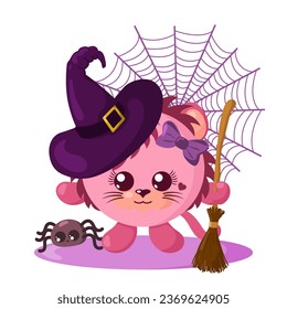 Funny cute kawaii Halloween lioness with witch hat, spider web, broom and spider in flat design with shadows. Isolated animal vector illustration