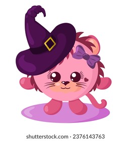 Funny cute kawaii Halloween lioness with witch hat in flat design with shadows. Isolated animal vector illustration	