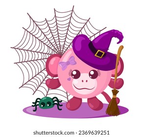 Funny cute kawaii Halloween monkey with witch hat, spider web, broom and spider in flat design with shadows. Isolated animal vector illustration