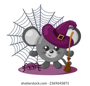 Funny cute kawaii Halloween monkey with witch hat, spider web, broom and spider in flat design with shadows. Isolated animal vector illustration