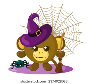 Funny cute kawaii Halloween monkey with witch hat, spider web, broom and spider in flat design with shadows. Isolated animal vector illustration	