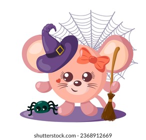 Gracioso ratón kawaii Halloween con sombrero de bruja, telaraña, escoba y araña de diseño plano con sombras. Ilustración vectorial animal aislada