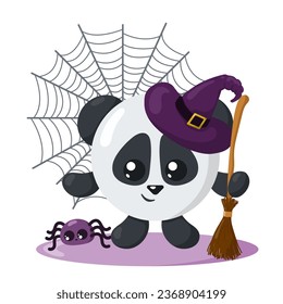 Funny cute kawaii Halloween panda bear with witch hat, spider web, broom and spider in flat design with shadows. Isolated animal vector illustration 