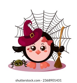 Gracioso pingüino kawaii Halloween con sombrero de bruja, telaraña, escoba y araña de diseño plano con sombras. Ilustración vectorial animal aislada 