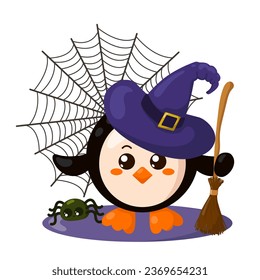 Funny cute kawaii Halloween penguin with witch hat, spider web, broom and spider in flat design with shadows. Isolated animal vector illustration	