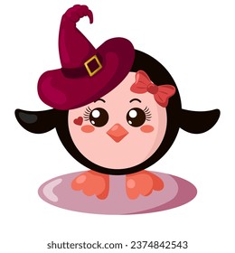 Funny cute kawaii Halloween penguin with witch hat in flat design with shadows. Isolated animal vector illustration	