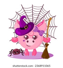 Cerdo gracioso kawaii Halloween con sombrero de bruja, telaraña, escoba y araña de diseño plano con sombras. Ilustración vectorial animal aislada