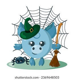 Funny cute kawaii Halloween pig with witch hat, spider web, broom and spider in flat design with shadows. Isolated animal vector illustration	