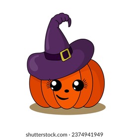 Funny cute kawaii Halloween pumpkin with witch hat in flat design with shadows. Isolated doodle vector illustration 