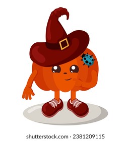 Funny cute kawaii Halloween pumpkin with witch hat and ladybug in flat design with shadows. Isolated doodle vector illustration	