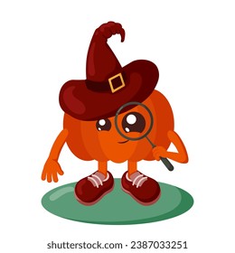 Funny cute kawaii Halloween pumpkin with witch hat and magnifying glass in flat design with shadows. Isolated doodle vector illustration
