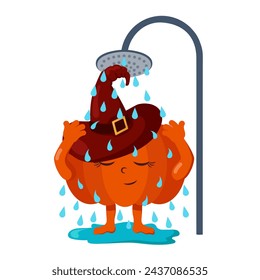 Funny cute kawaii Halloween pumpkin with witch hat washes in the shower. Isolated colorful vector emoticon illustration.	