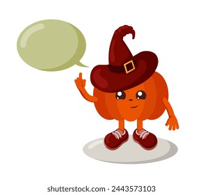 Funny cute kawaii Halloween pumpkin with witch hat, sneakers and speech bubble holds index finger up. Isolated colorful vector emoticon illustration.	