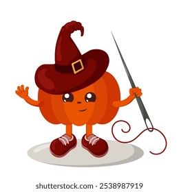 Funny cute kawaii Halloween pumpkin with witch hat holding a sewing needle. Isolated vector illustration in flat design with shadows	