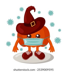 Funny cute kawaii Halloween pumpkin with witch hat, sneakers and protective medical face mask surrounded by viruses in flat design with shadows. Isolated colorful vector emoticon illustration.	