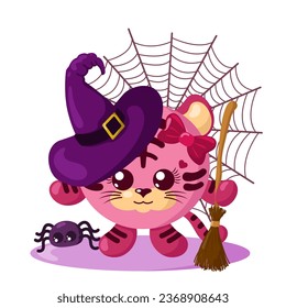 Divertido tigre lindo kawaii Halloween con sombrero de bruja, telaraña, escoba y araña en diseño plano con sombras. Ilustración vectorial animal aislada