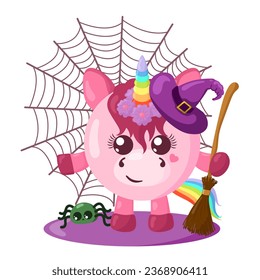 Funny adorable unicornio kawaii Halloween con sombrero de bruja, telaraña, escoba y araña de diseño plano con sombras. Ilustración vectorial animal aislada