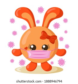 Funny cute kawaii hare  or rabbit girl with round body and protective medical face mask surrounded by viruses in flat design with shadows. Isolated vector illustration	