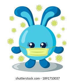 Funny cute kawaii hare or rabbit with round body and protective medical face mask surroundet by viruses in flat design with shadows. Isolated vector illustration	