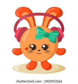 Funny cute kawaii hare or rabbit with headphones and round body in flat design with shadows. Isolated animal vector illustration