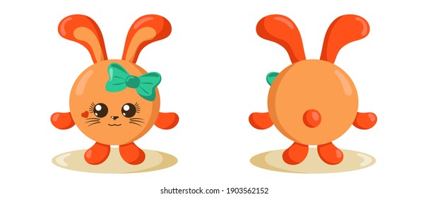 Funny cute kawaii hare or rabbit with round body in flat design with shadows, front and back. Isolated animal vector illustration	