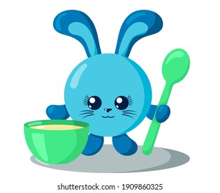 Funny cute kawaii hare or rabbit with round body, spoon and bowl in flat design with shadows. Isolated animal vector illustration	