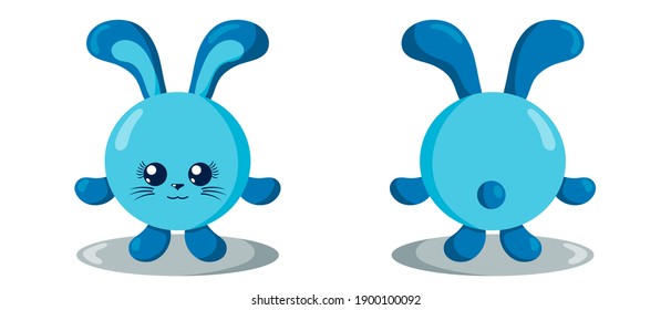 Funny cute kawaii hare with round body in flat design with shadows, front and back. Isolated animal vector illustration	