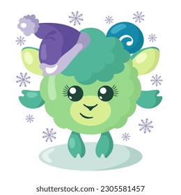 Funny cute kawaii lamb with Christmas hat and round body surroundet by snowflakes in flat design with shadows. Isolated animal vector illustration	