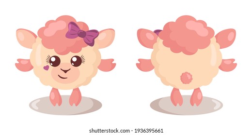 Funny cute kawaii lamb with round body in flat design with shadows, front and back. Isolated animal vector illustration