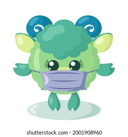 Funny cute kawaii lamb with round body and protective medical face mask in flat design with shadows. Isolated animal vector illustration	