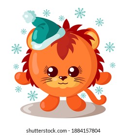 Funny cute kawaii lion with Christmas hat and round body surroundet by snowflakes in flat design with shadows. Isolated winter holiday vector illustration	