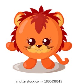 Funny cute kawaii lion with round body in flat design with shadows. Isolated animal vector illustration	