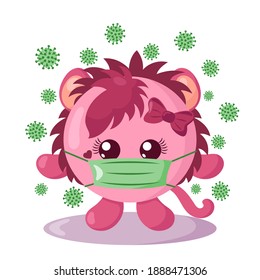 Funny cute kawaii lioness with round body and protective medical face mask surroundet by viruses in flat design with shadows. Isolated vector illustration	