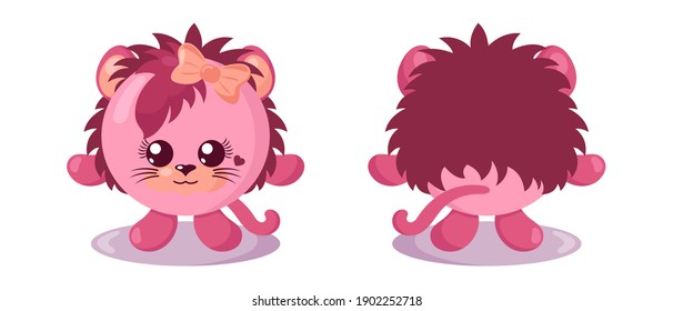 Funny cute kawaii lioness with round body in flat design with shadows, front and back. Isolated animal vector illustration