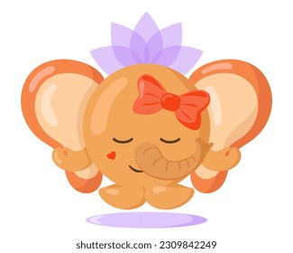 Funny cute kawaii meditating elephant with lotus flower over head and round body in flat design with shadows. Isolated meditation animal vector illustration	