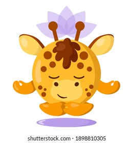 Funny cute kawaii meditating giraffe with lotus flower over head and round body in flat design with shadows. Isolated meditation animal vector illustration	
