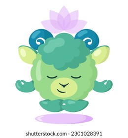 Funny cute kawaii meditating lamb with lotus flower over head and round body in flat design with shadows. Isolated meditation animal vector illustration