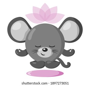 Curioso kawaii meditando ratón con flor de loto sobre la cabeza y cuerpo redondo en diseño plano con sombras. Ilustración aislada del vector animal