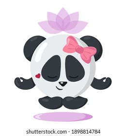 Funny cute kawaii meditating panda with lotus flower over head and round body in flat design with shadows. Isolated meditation animal vector illustration	