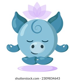 Funny cute kawaii meditating pig with lotus flower over head and round body in flat design with shadows. Isolated meditation animal vector illustration