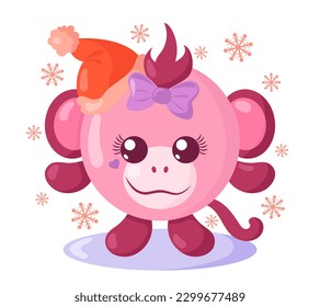 Un mono kawaii divertido con sombrero de Navidad y cuerpo redondo rodeado de copos de nieve de diseño plano con sombras. Ilustración vectorial animal aislada