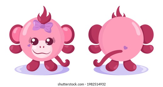 Funny cute kawaii monkey with round body in flat design with shadows, front and back. Isolated animal vector illustration	
