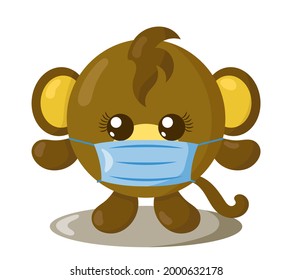 Funny cute kawaii monkey with round body and protective medical face mask in flat design with shadows. Isolated animal vector illustration	