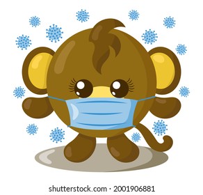 Funny cute kawaii monkey with round body and protective medical face mask surrounded by viruses in flat design with shadows. Isolated animal vector illustration	